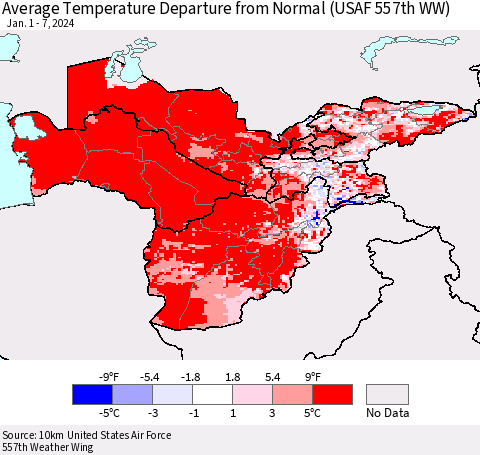 Central Asia Average Temperature Departure from Normal (USAF 557th WW) Thematic Map For 1/1/2024 - 1/7/2024