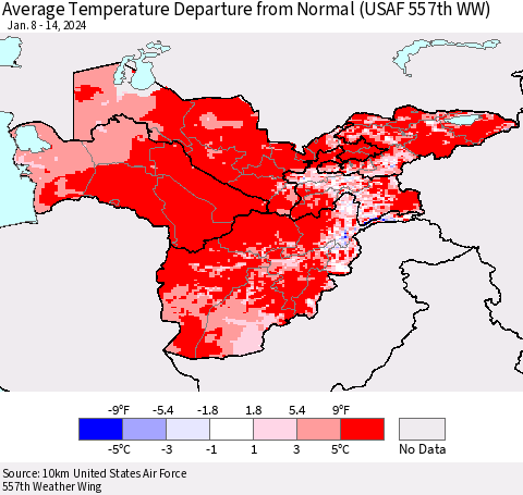 Central Asia Average Temperature Departure from Normal (USAF 557th WW) Thematic Map For 1/8/2024 - 1/14/2024