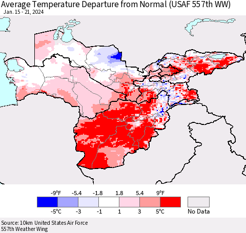 Central Asia Average Temperature Departure from Normal (USAF 557th WW) Thematic Map For 1/15/2024 - 1/21/2024