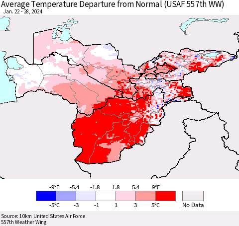 Central Asia Average Temperature Departure from Normal (USAF 557th WW) Thematic Map For 1/22/2024 - 1/28/2024
