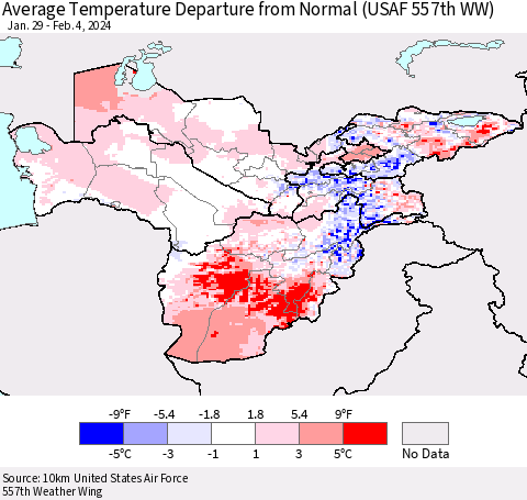 Central Asia Average Temperature Departure from Normal (USAF 557th WW) Thematic Map For 1/29/2024 - 2/4/2024