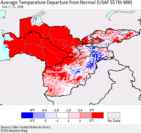 Central Asia Average Temperature Departure from Normal (USAF 557th WW) Thematic Map For 2/5/2024 - 2/11/2024
