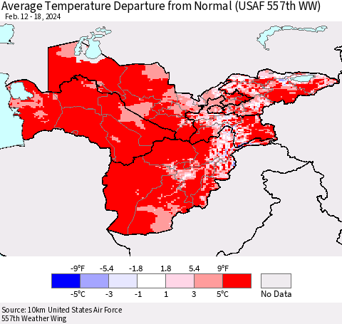 Central Asia Average Temperature Departure from Normal (USAF 557th WW) Thematic Map For 2/12/2024 - 2/18/2024