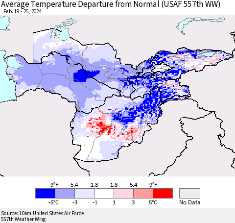 Central Asia Average Temperature Departure from Normal (USAF 557th WW) Thematic Map For 2/19/2024 - 2/25/2024