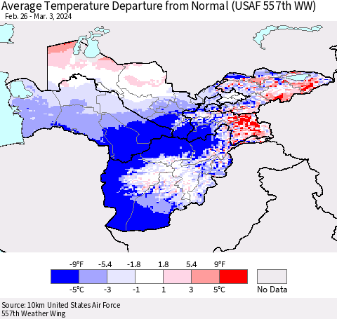 Central Asia Average Temperature Departure from Normal (USAF 557th WW) Thematic Map For 2/26/2024 - 3/3/2024
