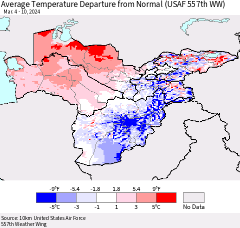 Central Asia Average Temperature Departure from Normal (USAF 557th WW) Thematic Map For 3/4/2024 - 3/10/2024