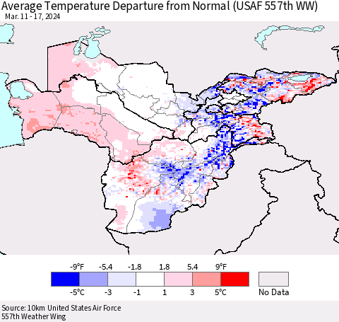 Central Asia Average Temperature Departure from Normal (USAF 557th WW) Thematic Map For 3/11/2024 - 3/17/2024