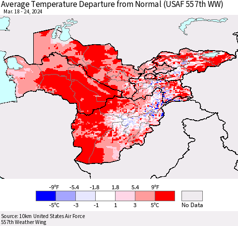 Central Asia Average Temperature Departure from Normal (USAF 557th WW) Thematic Map For 3/18/2024 - 3/24/2024
