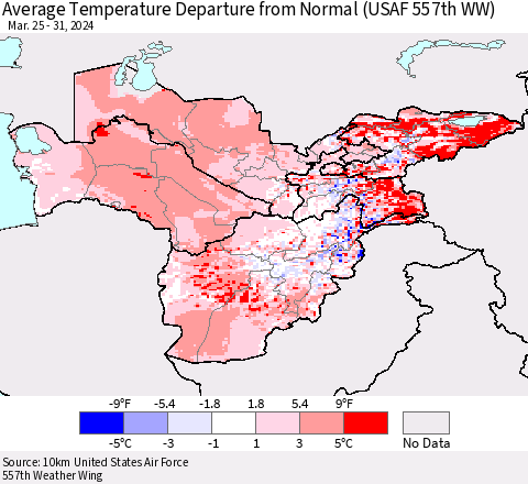 Central Asia Average Temperature Departure from Normal (USAF 557th WW) Thematic Map For 3/25/2024 - 3/31/2024