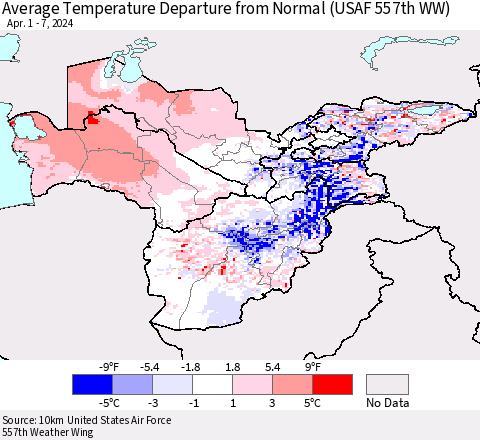 Central Asia Average Temperature Departure from Normal (USAF 557th WW) Thematic Map For 4/1/2024 - 4/7/2024