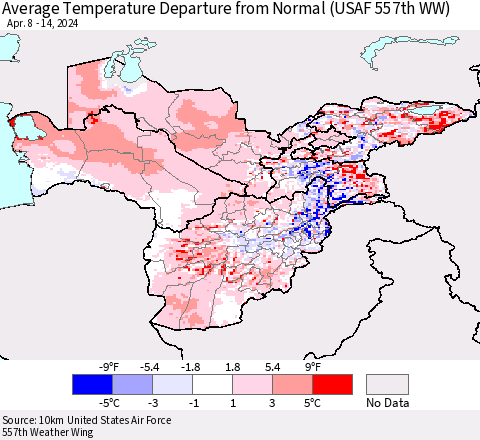 Central Asia Average Temperature Departure from Normal (USAF 557th WW) Thematic Map For 4/8/2024 - 4/14/2024