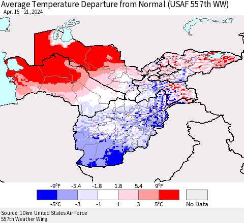 Central Asia Average Temperature Departure from Normal (USAF 557th WW) Thematic Map For 4/15/2024 - 4/21/2024