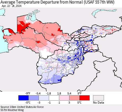 Central Asia Average Temperature Departure from Normal (USAF 557th WW) Thematic Map For 4/22/2024 - 4/28/2024