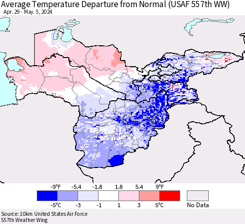 Central Asia Average Temperature Departure from Normal (USAF 557th WW) Thematic Map For 4/29/2024 - 5/5/2024