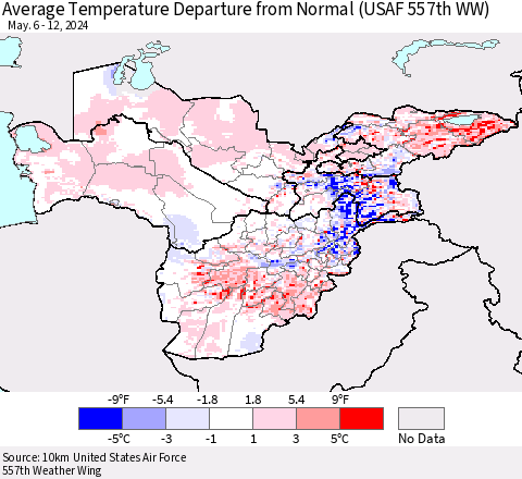 Central Asia Average Temperature Departure from Normal (USAF 557th WW) Thematic Map For 5/6/2024 - 5/12/2024