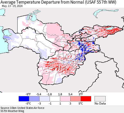 Central Asia Average Temperature Departure from Normal (USAF 557th WW) Thematic Map For 5/13/2024 - 5/19/2024