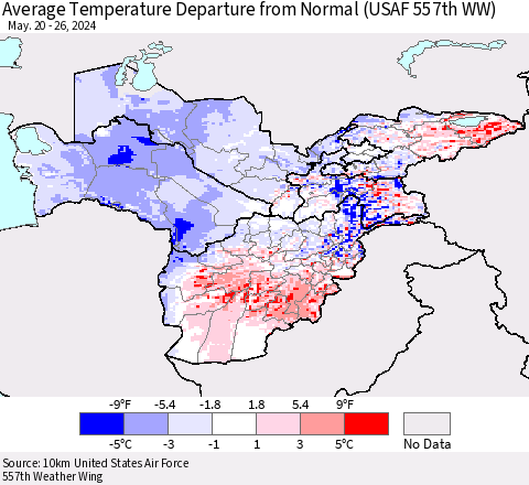 Central Asia Average Temperature Departure from Normal (USAF 557th WW) Thematic Map For 5/20/2024 - 5/26/2024