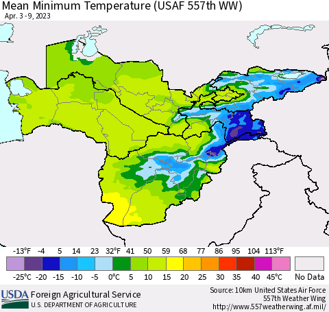 Central Asia Mean Minimum Temperature (USAF 557th WW) Thematic Map For 4/3/2023 - 4/9/2023