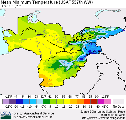 Central Asia Mean Minimum Temperature (USAF 557th WW) Thematic Map For 4/10/2023 - 4/16/2023