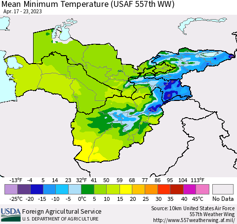Central Asia Mean Minimum Temperature (USAF 557th WW) Thematic Map For 4/17/2023 - 4/23/2023