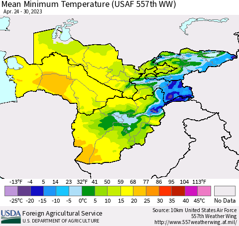 Central Asia Mean Minimum Temperature (USAF 557th WW) Thematic Map For 4/24/2023 - 4/30/2023