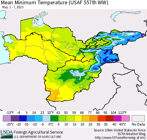 Central Asia Mean Minimum Temperature (USAF 557th WW) Thematic Map For 5/1/2023 - 5/7/2023