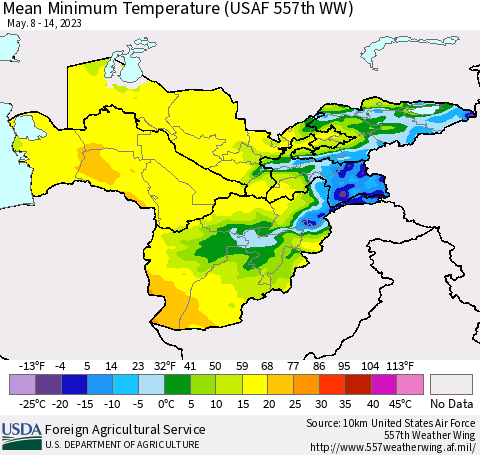 Central Asia Mean Minimum Temperature (USAF 557th WW) Thematic Map For 5/8/2023 - 5/14/2023