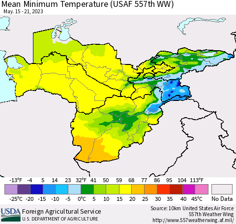 Central Asia Mean Minimum Temperature (USAF 557th WW) Thematic Map For 5/15/2023 - 5/21/2023