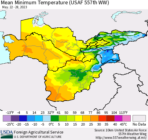 Central Asia Mean Minimum Temperature (USAF 557th WW) Thematic Map For 5/22/2023 - 5/28/2023