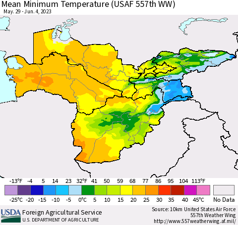 Central Asia Mean Minimum Temperature (USAF 557th WW) Thematic Map For 5/29/2023 - 6/4/2023