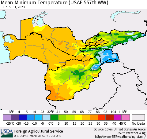 Central Asia Mean Minimum Temperature (USAF 557th WW) Thematic Map For 6/5/2023 - 6/11/2023
