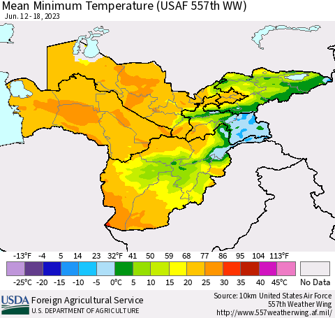 Central Asia Mean Minimum Temperature (USAF 557th WW) Thematic Map For 6/12/2023 - 6/18/2023