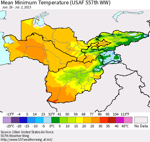 Central Asia Mean Minimum Temperature (USAF 557th WW) Thematic Map For 6/26/2023 - 7/2/2023