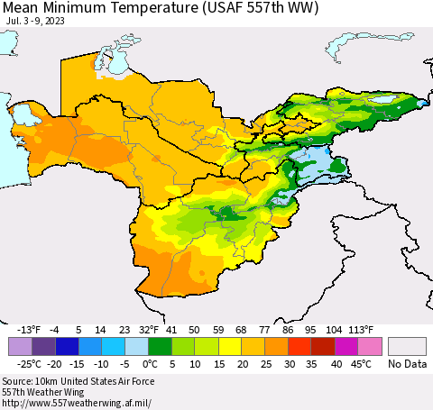 Central Asia Mean Minimum Temperature (USAF 557th WW) Thematic Map For 7/3/2023 - 7/9/2023