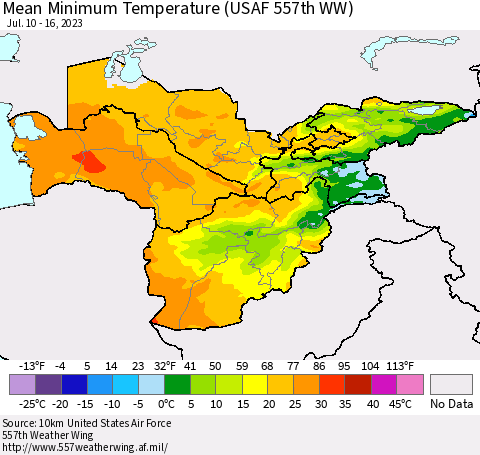 Central Asia Mean Minimum Temperature (USAF 557th WW) Thematic Map For 7/10/2023 - 7/16/2023