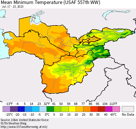 Central Asia Mean Minimum Temperature (USAF 557th WW) Thematic Map For 7/17/2023 - 7/23/2023