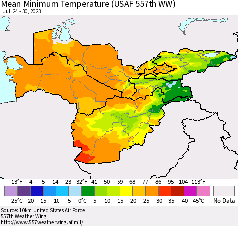 Central Asia Mean Minimum Temperature (USAF 557th WW) Thematic Map For 7/24/2023 - 7/30/2023