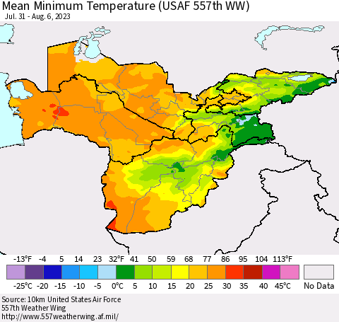 Central Asia Mean Minimum Temperature (USAF 557th WW) Thematic Map For 7/31/2023 - 8/6/2023