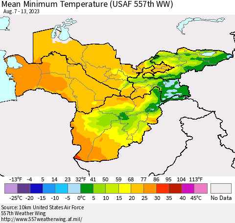 Central Asia Mean Minimum Temperature (USAF 557th WW) Thematic Map For 8/7/2023 - 8/13/2023