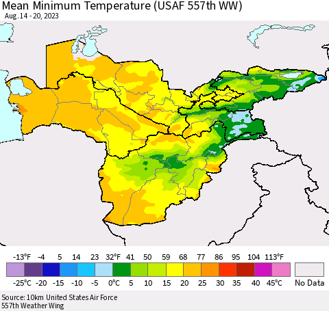 Central Asia Mean Minimum Temperature (USAF 557th WW) Thematic Map For 8/14/2023 - 8/20/2023