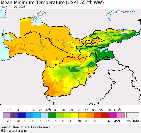Central Asia Mean Minimum Temperature (USAF 557th WW) Thematic Map For 8/21/2023 - 8/27/2023