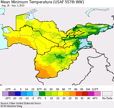 Central Asia Mean Minimum Temperature (USAF 557th WW) Thematic Map For 8/28/2023 - 9/3/2023