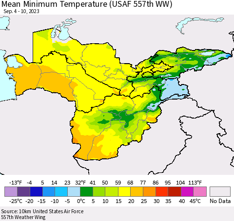 Central Asia Mean Minimum Temperature (USAF 557th WW) Thematic Map For 9/4/2023 - 9/10/2023