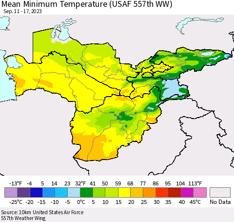 Central Asia Mean Minimum Temperature (USAF 557th WW) Thematic Map For 9/11/2023 - 9/17/2023