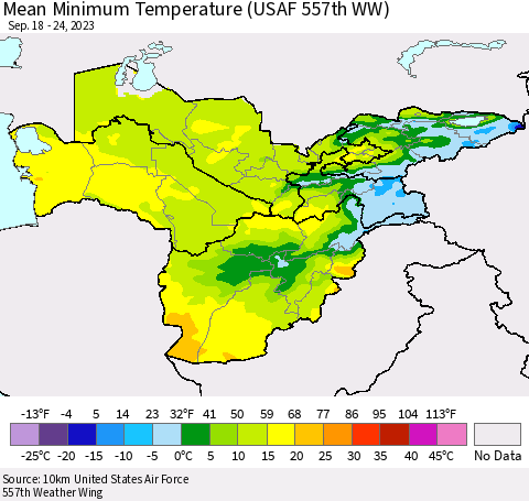 Central Asia Mean Minimum Temperature (USAF 557th WW) Thematic Map For 9/18/2023 - 9/24/2023