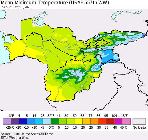 Central Asia Mean Minimum Temperature (USAF 557th WW) Thematic Map For 9/25/2023 - 10/1/2023