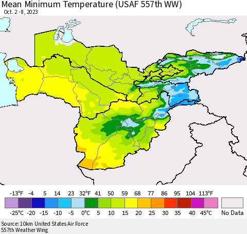 Central Asia Mean Minimum Temperature (USAF 557th WW) Thematic Map For 10/2/2023 - 10/8/2023