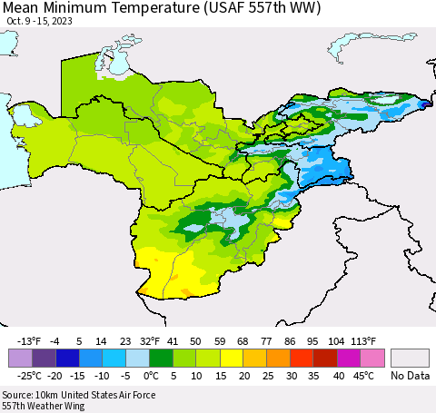 Central Asia Mean Minimum Temperature (USAF 557th WW) Thematic Map For 10/9/2023 - 10/15/2023
