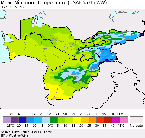 Central Asia Mean Minimum Temperature (USAF 557th WW) Thematic Map For 10/16/2023 - 10/22/2023
