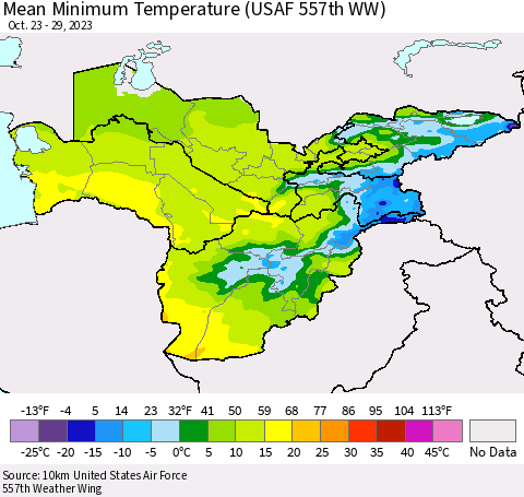 Central Asia Mean Minimum Temperature (USAF 557th WW) Thematic Map For 10/23/2023 - 10/29/2023